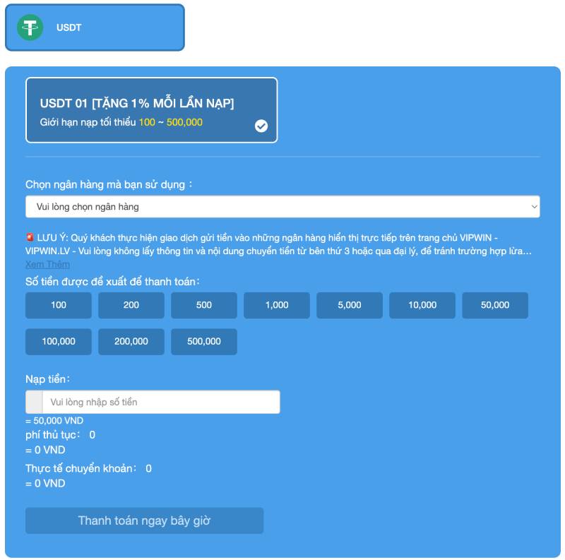 Nạp Tiền Vin777 – Bước Đệm Không Thể Thiếu Để Bắt Đầu 6 USDT – Dành cho game thủ crypto, tặng 1% mỗi lần nạp